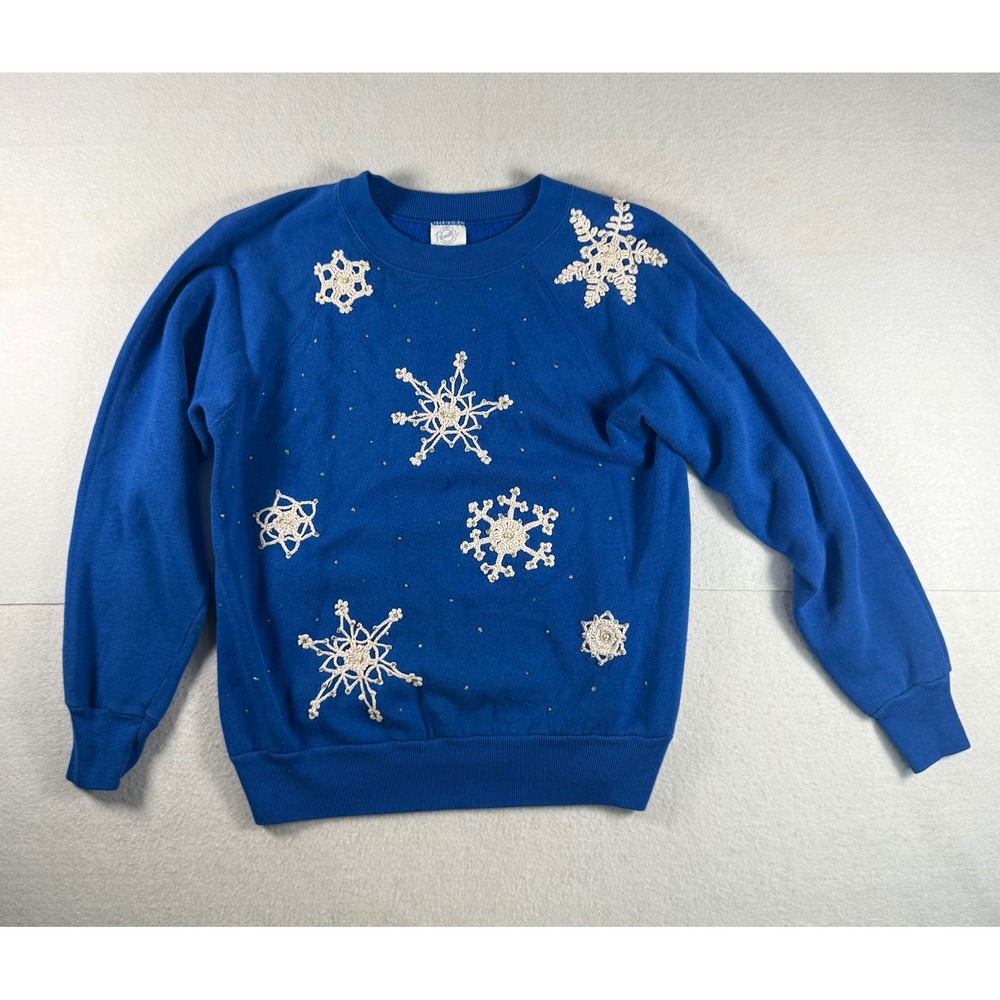 Vintage Pannill Royal Blue Snowflake Crochet Applique Sweatshirt Medium USA